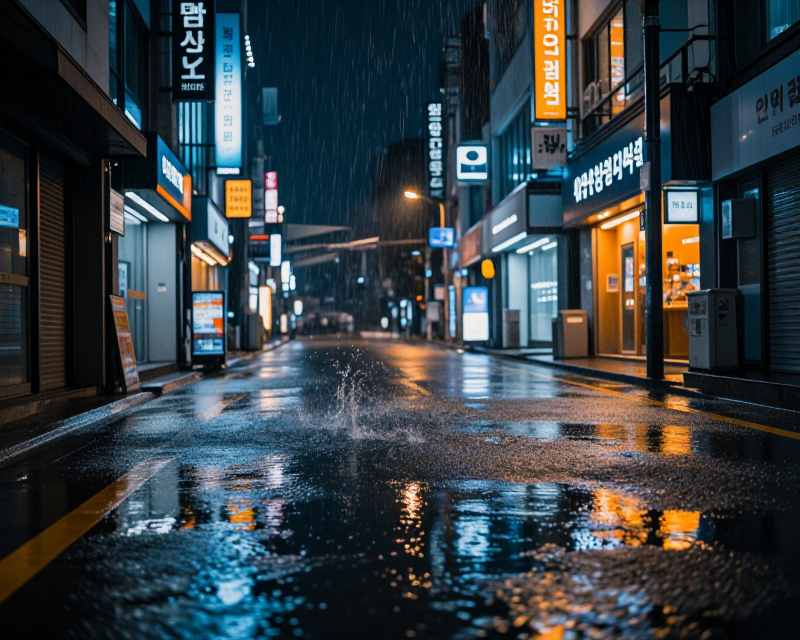 Heavy Rain in Korean Urban Street